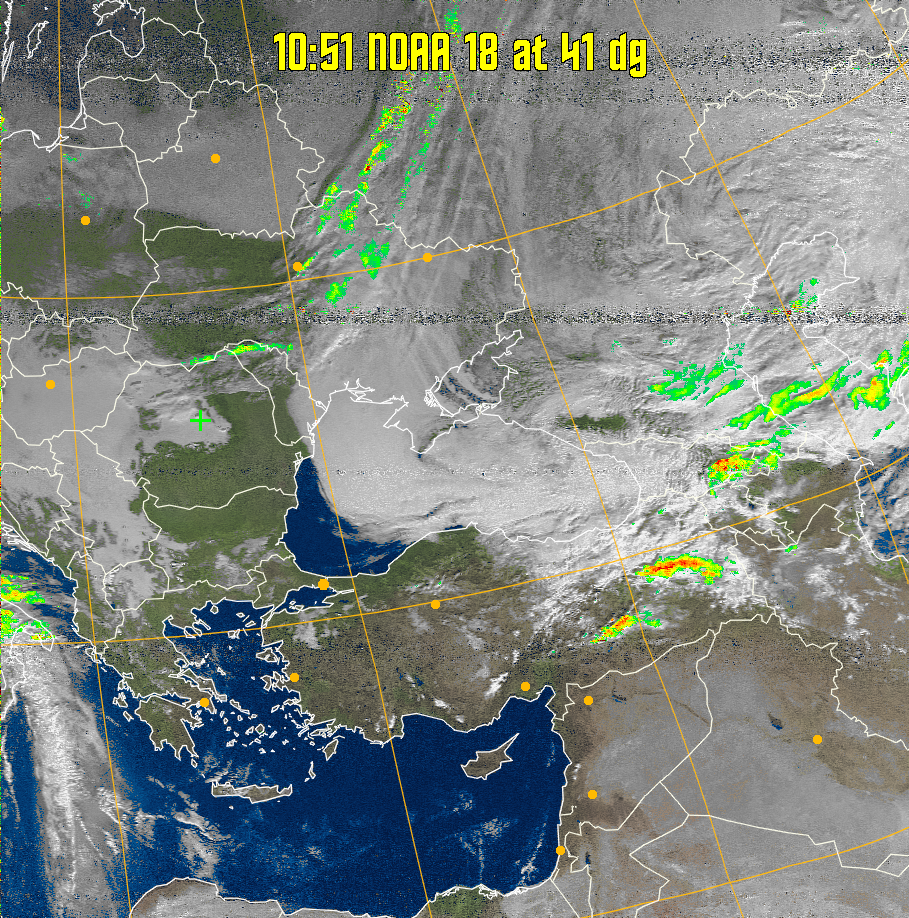 MSA-precip:
Same as MSA multispectral analysis, but high cold cloud tops are coloured the
same as the NO enhancement to give an approximate indication of the probability
and intensity of precipitation.