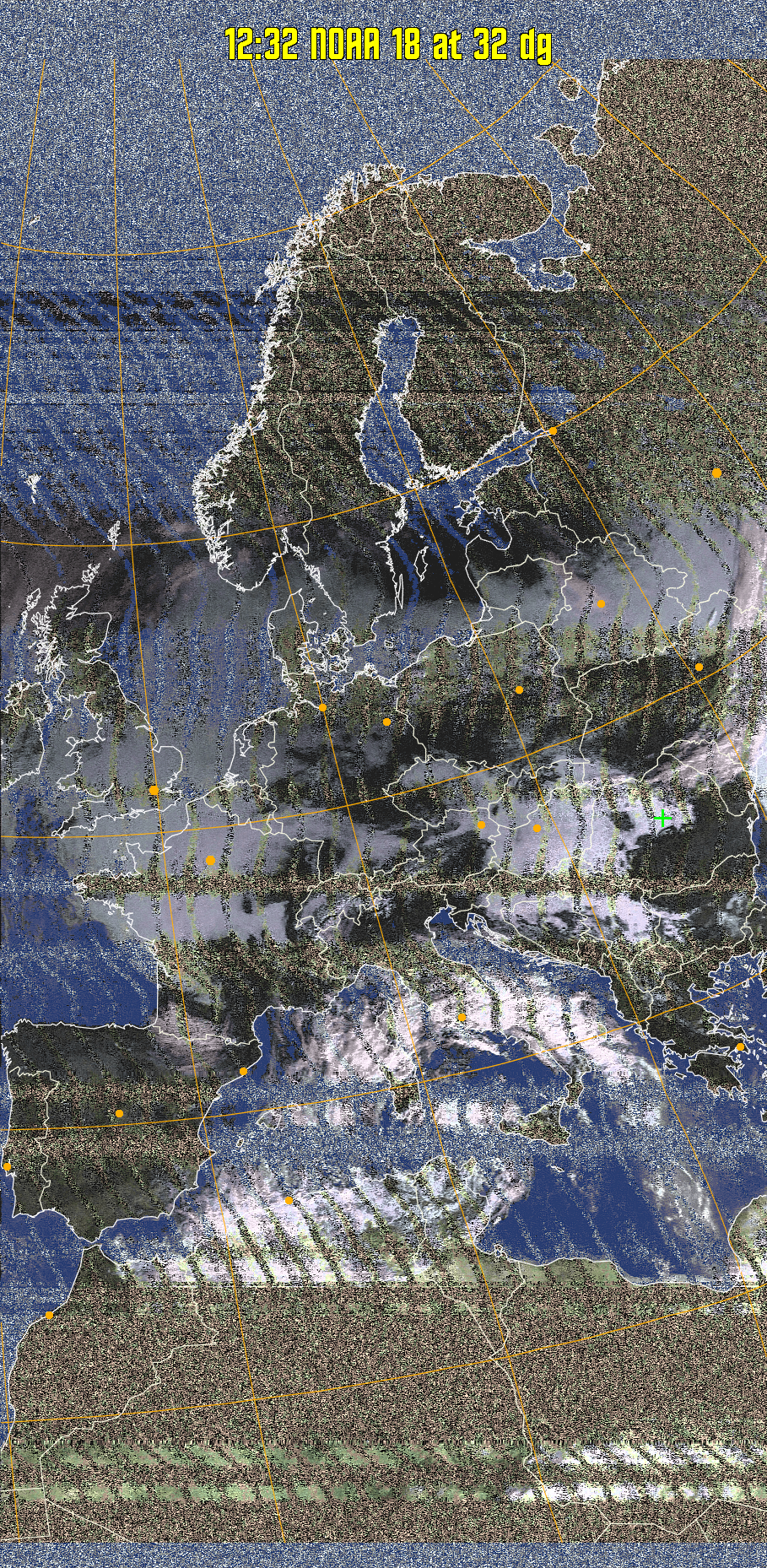 HVCT:
Similar to HVC, but with blue water and with colours more indicative of
land temperatures.
HVC:
Creates a false colour image from NOAA APT images based on temperature using
the HVC colour model. Uses the temperature derived from the sensor 4 image to
select the hue and the brightness from the histogram equalised other image to
select the value and chroma. The HVC colour model attempts to ensure that different colours at the same value will appear to the eye to be the same brightness
and the spacing between colours representing each degree will appear to the eye to
be similar. Bright areas are completely unsaturated in this model.