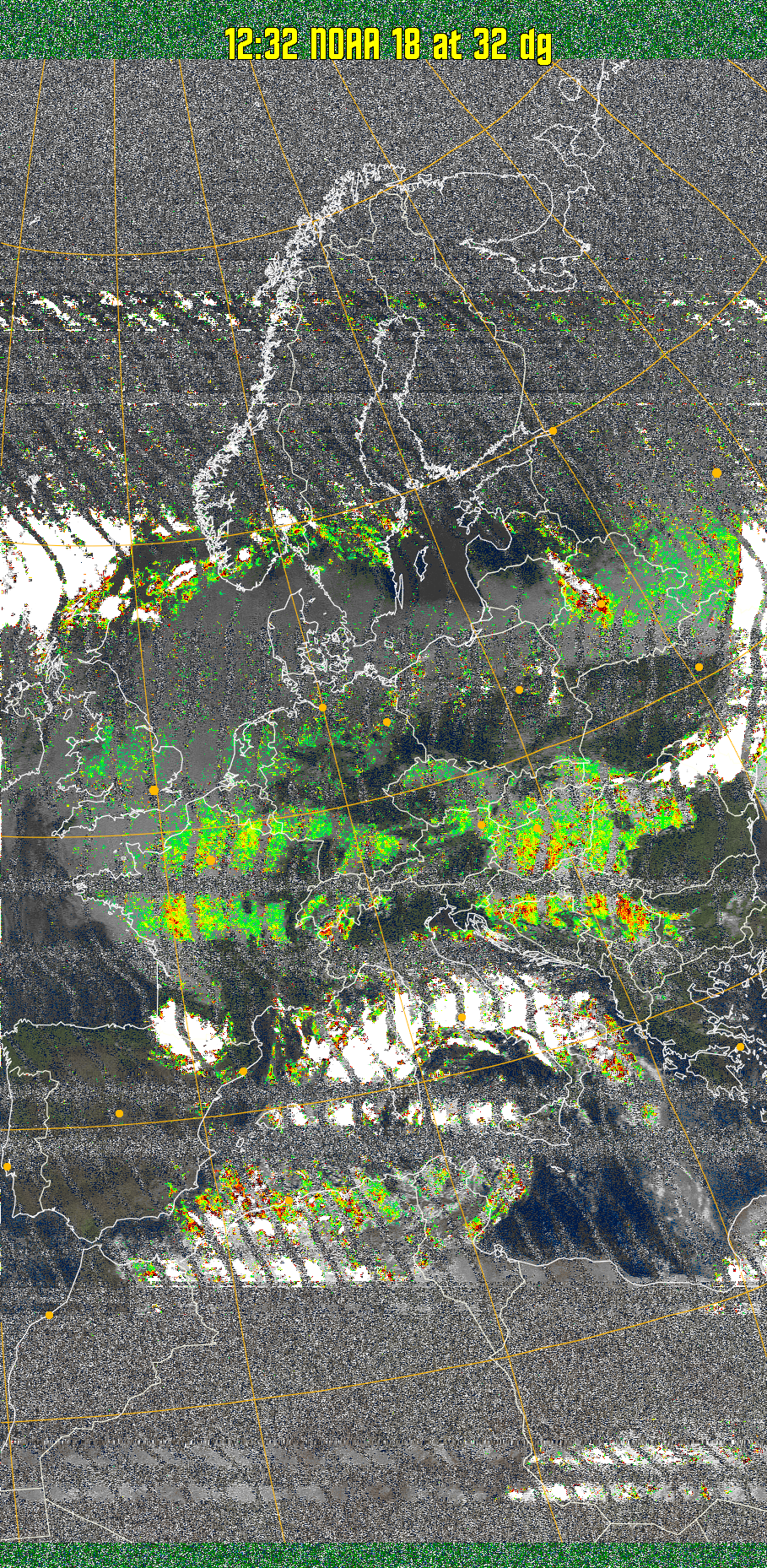 MSA-precip:
Same as MSA multispectral analysis, but high cold cloud tops are coloured the
same as the NO enhancement to give an approximate indication of the probability
and intensity of precipitation.