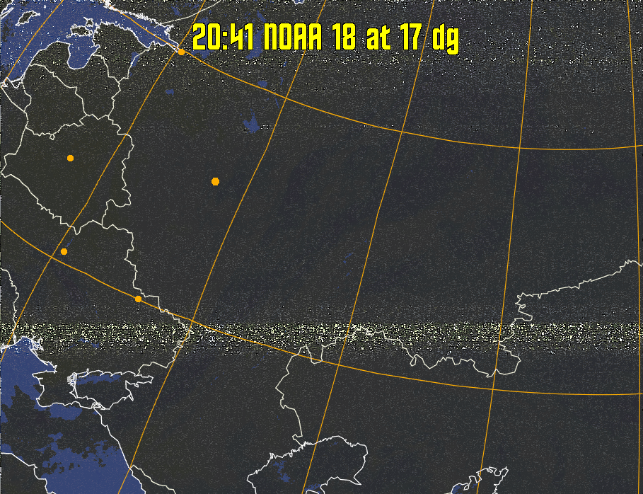 HVCT:
Similar to HVC, but with blue water and with colours more indicative of
land temperatures.
HVC:
Creates a false colour image from NOAA APT images based on temperature using
the HVC colour model. Uses the temperature derived from the sensor 4 image to
select the hue and the brightness from the histogram equalised other image to
select the value and chroma. The HVC colour model attempts to ensure that different colours at the same value will appear to the eye to be the same brightness
and the spacing between colours representing each degree will appear to the eye to
be similar. Bright areas are completely unsaturated in this model.