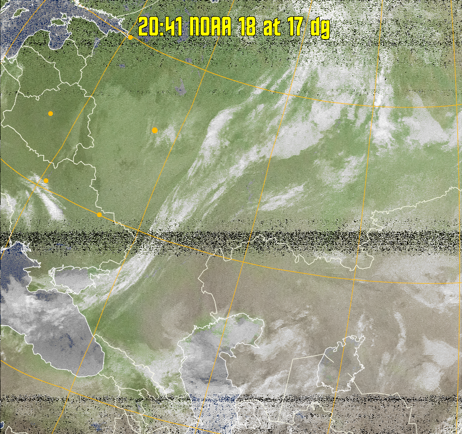 MCIR-precip: 
Colours the NOAA sensor 4 IR image using a map to colour the sea blue and land
green. High clouds appear white, lower clouds gray or land/sea coloured, clouds
generally appear lighter, but distinguishing between land/sea and low cloud may
be difficult. Darker colours indicate warmer regions.