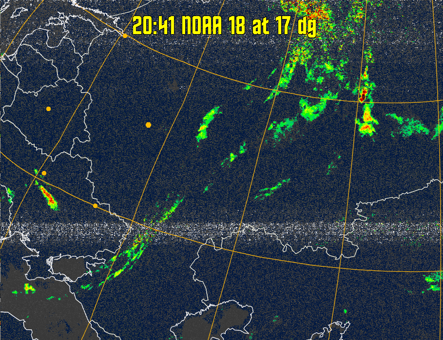 MSA-precip:
Same as MSA multispectral analysis, but high cold cloud tops are coloured the
same as the NO enhancement to give an approximate indication of the probability
and intensity of precipitation.