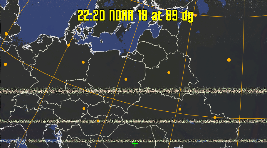 HVCT:
Similar to HVC, but with blue water and with colours more indicative of
land temperatures.
HVC:
Creates a false colour image from NOAA APT images based on temperature using
the HVC colour model. Uses the temperature derived from the sensor 4 image to
select the hue and the brightness from the histogram equalised other image to
select the value and chroma. The HVC colour model attempts to ensure that different colours at the same value will appear to the eye to be the same brightness
and the spacing between colours representing each degree will appear to the eye to
be similar. Bright areas are completely unsaturated in this model.