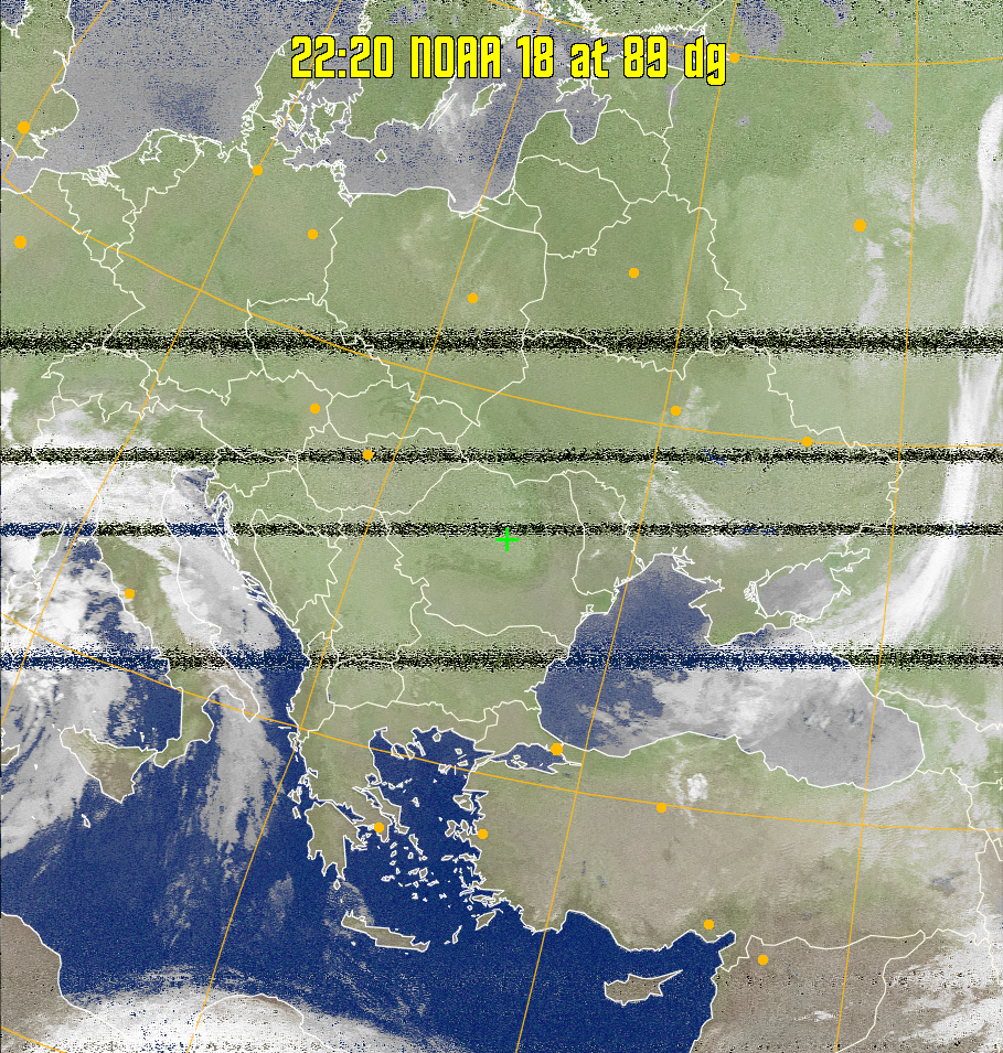 MCIR-precip: 
Colours the NOAA sensor 4 IR image using a map to colour the sea blue and land
green. High clouds appear white, lower clouds gray or land/sea coloured, clouds
generally appear lighter, but distinguishing between land/sea and low cloud may
be difficult. Darker colours indicate warmer regions.