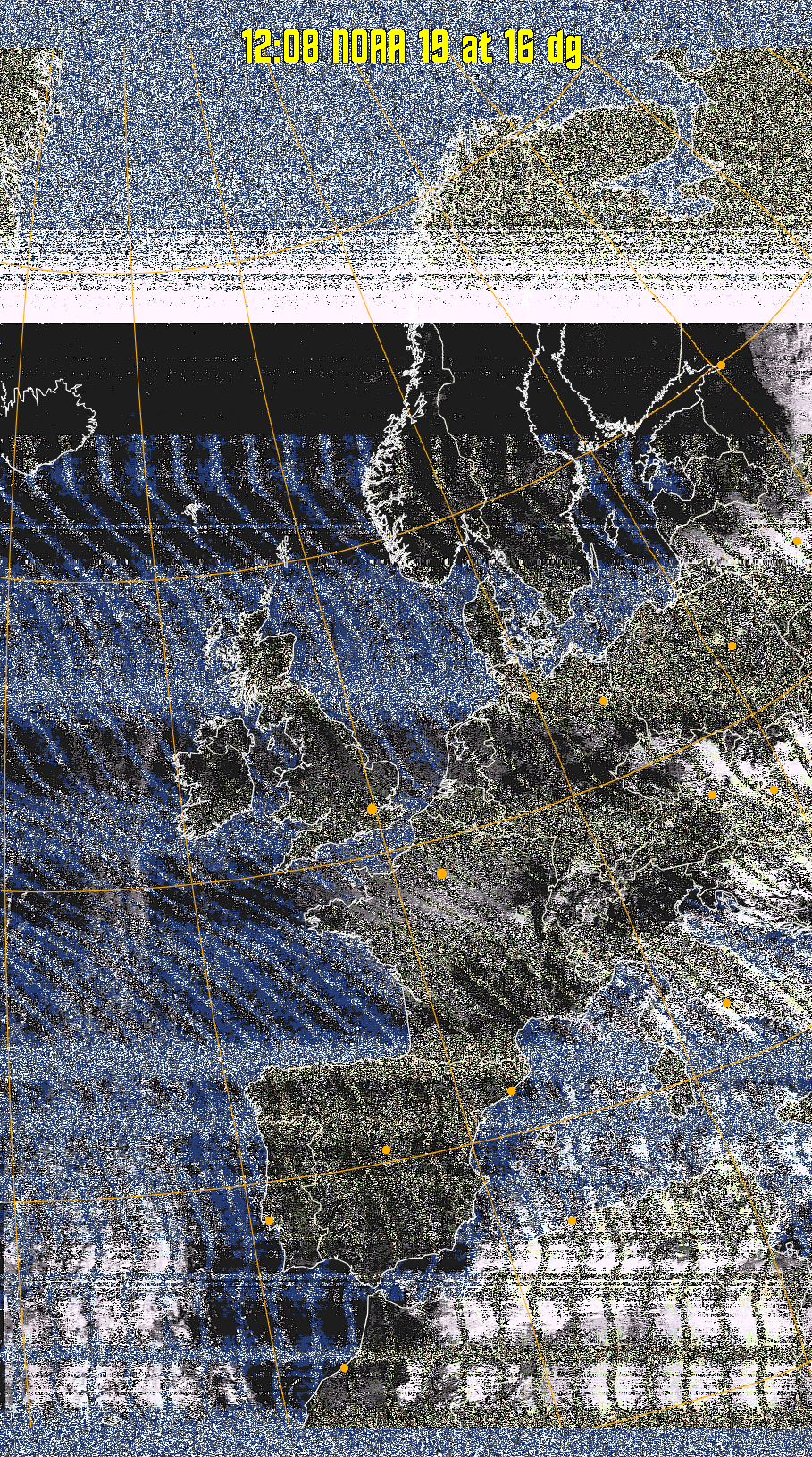 HVCT:
Similar to HVC, but with blue water and with colours more indicative of
land temperatures.
HVC:
Creates a false colour image from NOAA APT images based on temperature using
the HVC colour model. Uses the temperature derived from the sensor 4 image to
select the hue and the brightness from the histogram equalised other image to
select the value and chroma. The HVC colour model attempts to ensure that different colours at the same value will appear to the eye to be the same brightness
and the spacing between colours representing each degree will appear to the eye to
be similar. Bright areas are completely unsaturated in this model.