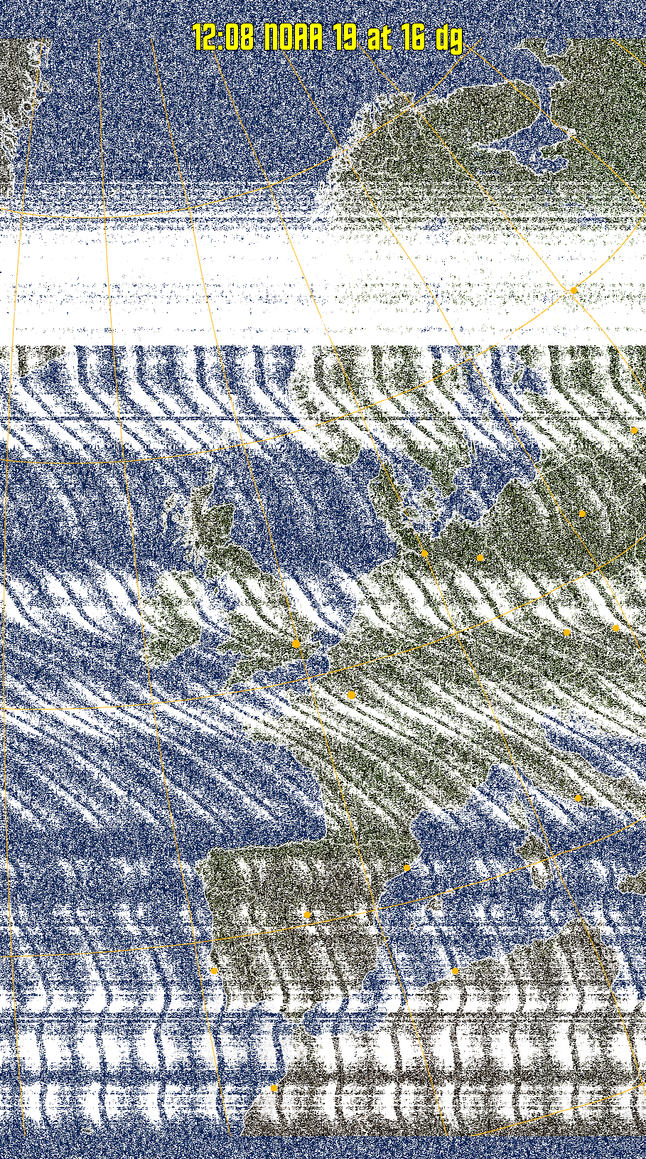 MCIR-precip: 
Colours the NOAA sensor 4 IR image using a map to colour the sea blue and land
green. High clouds appear white, lower clouds gray or land/sea coloured, clouds
generally appear lighter, but distinguishing between land/sea and low cloud may
be difficult. Darker colours indicate warmer regions.