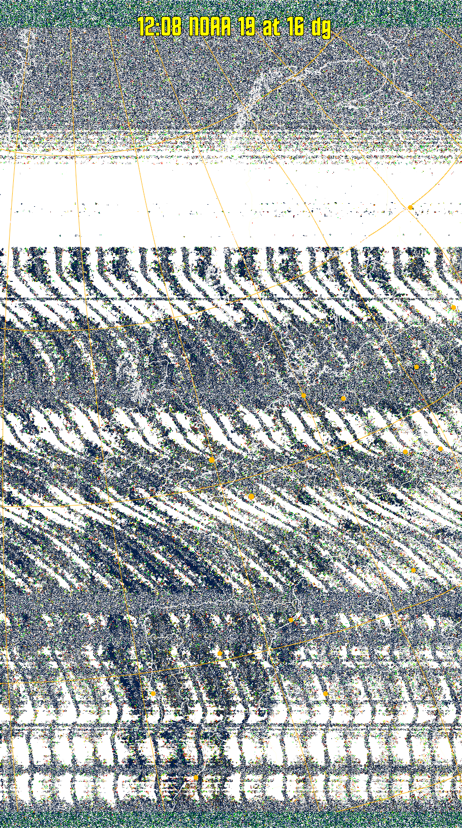 MSA-precip:
Same as MSA multispectral analysis, but high cold cloud tops are coloured the
same as the NO enhancement to give an approximate indication of the probability
and intensity of precipitation.