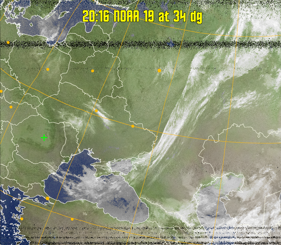 MCIR-precip: 
Colours the NOAA sensor 4 IR image using a map to colour the sea blue and land
green. High clouds appear white, lower clouds gray or land/sea coloured, clouds
generally appear lighter, but distinguishing between land/sea and low cloud may
be difficult. Darker colours indicate warmer regions.