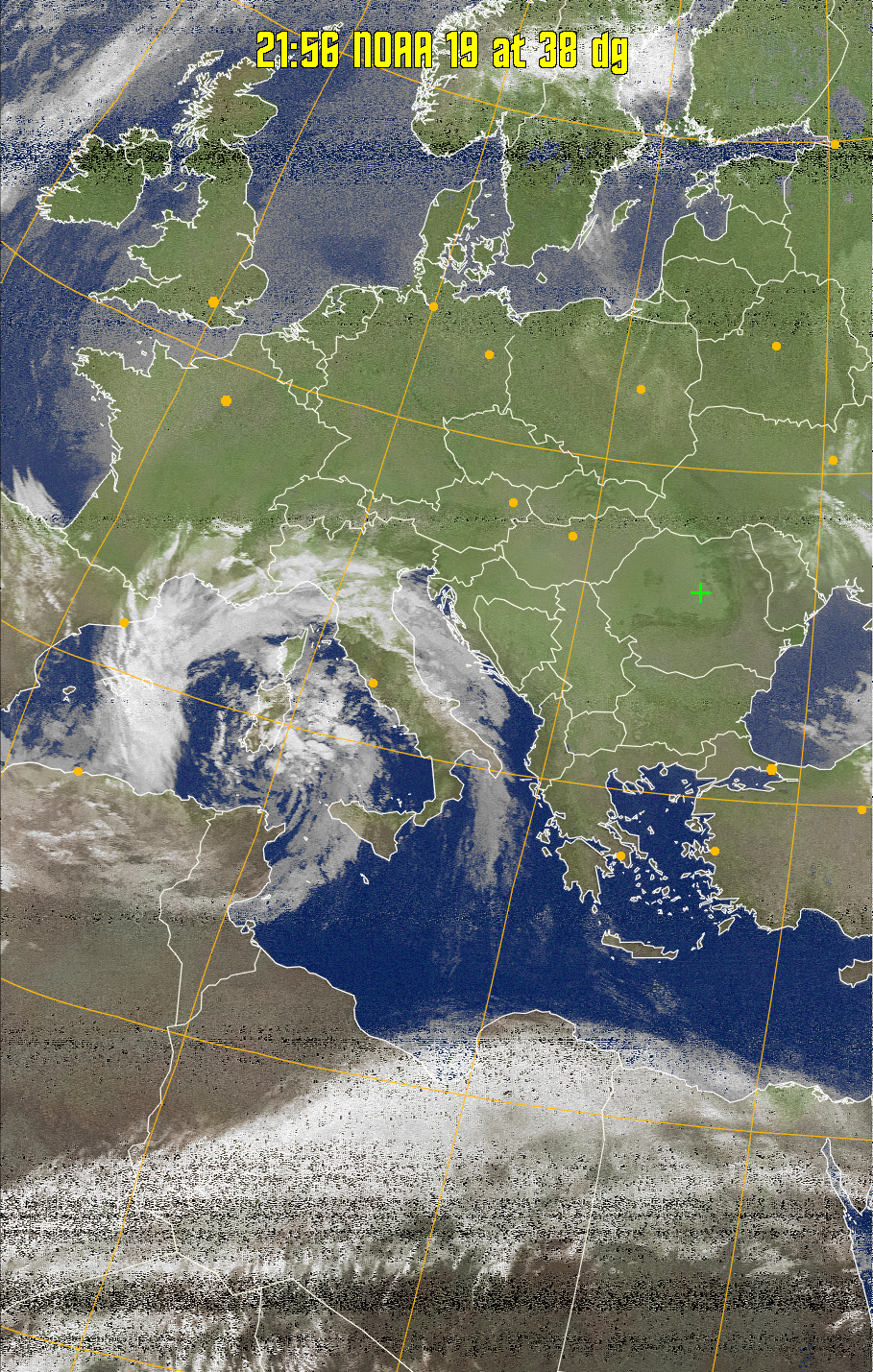 MCIR-precip: 
Colours the NOAA sensor 4 IR image using a map to colour the sea blue and land
green. High clouds appear white, lower clouds gray or land/sea coloured, clouds
generally appear lighter, but distinguishing between land/sea and low cloud may
be difficult. Darker colours indicate warmer regions.