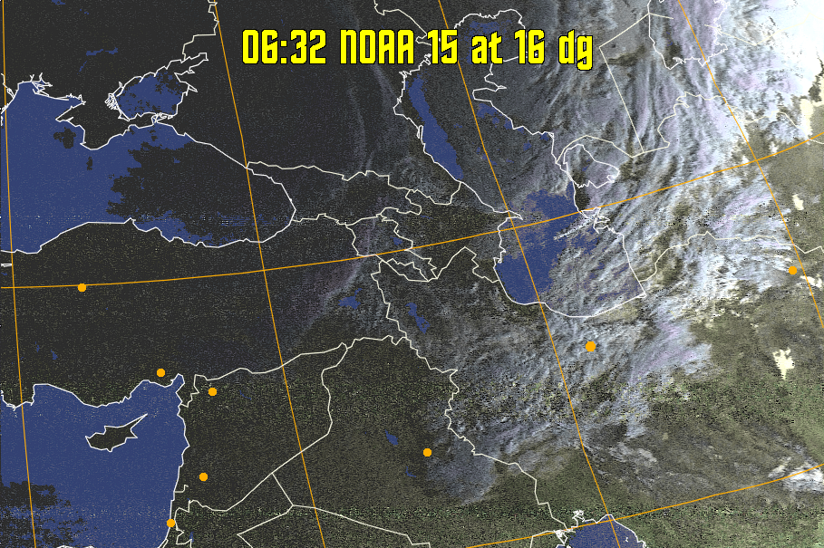 HVCT:
Similar to HVC, but with blue water and with colours more indicative of
land temperatures.
HVC:
Creates a false colour image from NOAA APT images based on temperature using
the HVC colour model. Uses the temperature derived from the sensor 4 image to
select the hue and the brightness from the histogram equalised other image to
select the value and chroma. The HVC colour model attempts to ensure that different colours at the same value will appear to the eye to be the same brightness
and the spacing between colours representing each degree will appear to the eye to
be similar. Bright areas are completely unsaturated in this model.