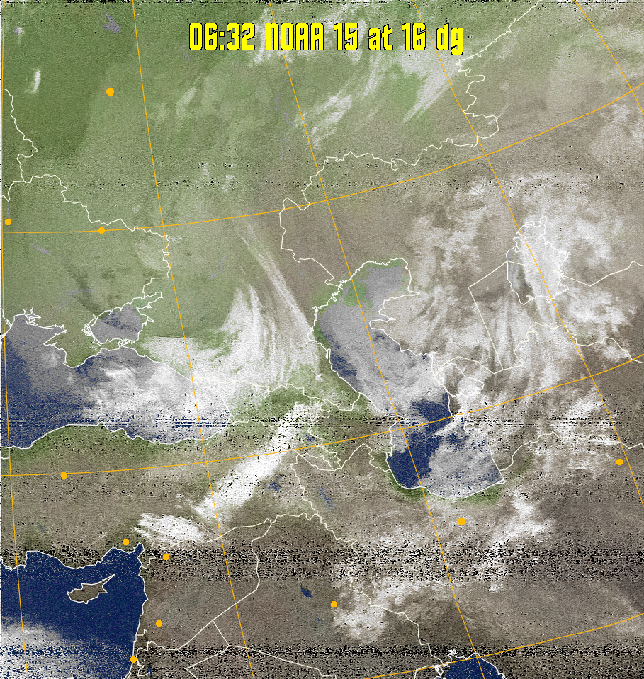 MCIR-precip: 
Colours the NOAA sensor 4 IR image using a map to colour the sea blue and land
green. High clouds appear white, lower clouds gray or land/sea coloured, clouds
generally appear lighter, but distinguishing between land/sea and low cloud may
be difficult. Darker colours indicate warmer regions.