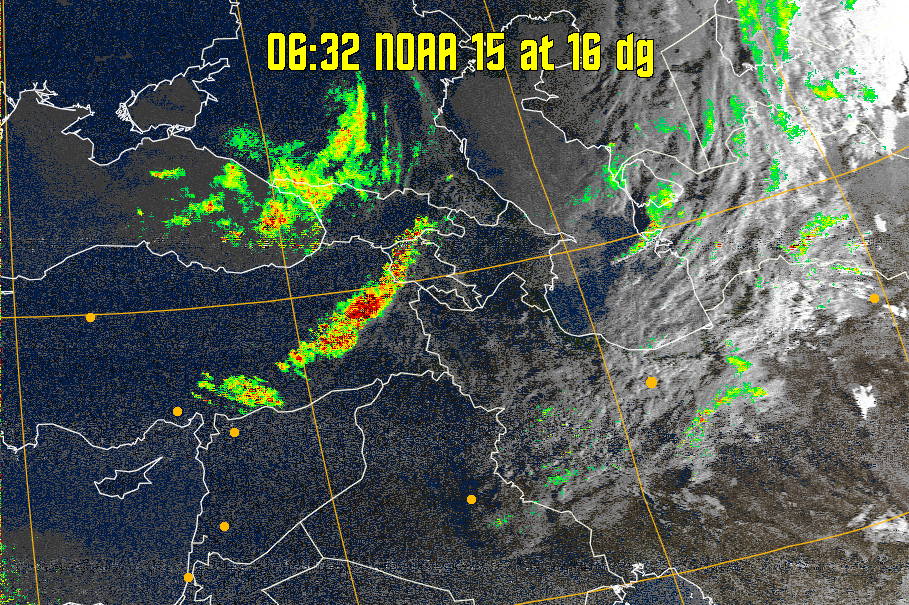 MSA-precip:
Same as MSA multispectral analysis, but high cold cloud tops are coloured the
same as the NO enhancement to give an approximate indication of the probability
and intensity of precipitation.