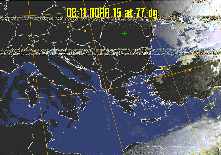 HVCT:
Similar to HVC, but with blue water and with colours more indicative of
land temperatures.
HVC:
Creates a false colour image from NOAA APT images based on temperature using
the HVC colour model. Uses the temperature derived from the sensor 4 image to
select the hue and the brightness from the histogram equalised other image to
select the value and chroma. The HVC colour model attempts to ensure that different colours at the same value will appear to the eye to be the same brightness
and the spacing between colours representing each degree will appear to the eye to
be similar. Bright areas are completely unsaturated in this model.