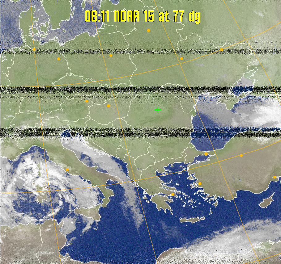 MCIR-precip: 
Colours the NOAA sensor 4 IR image using a map to colour the sea blue and land
green. High clouds appear white, lower clouds gray or land/sea coloured, clouds
generally appear lighter, but distinguishing between land/sea and low cloud may
be difficult. Darker colours indicate warmer regions.