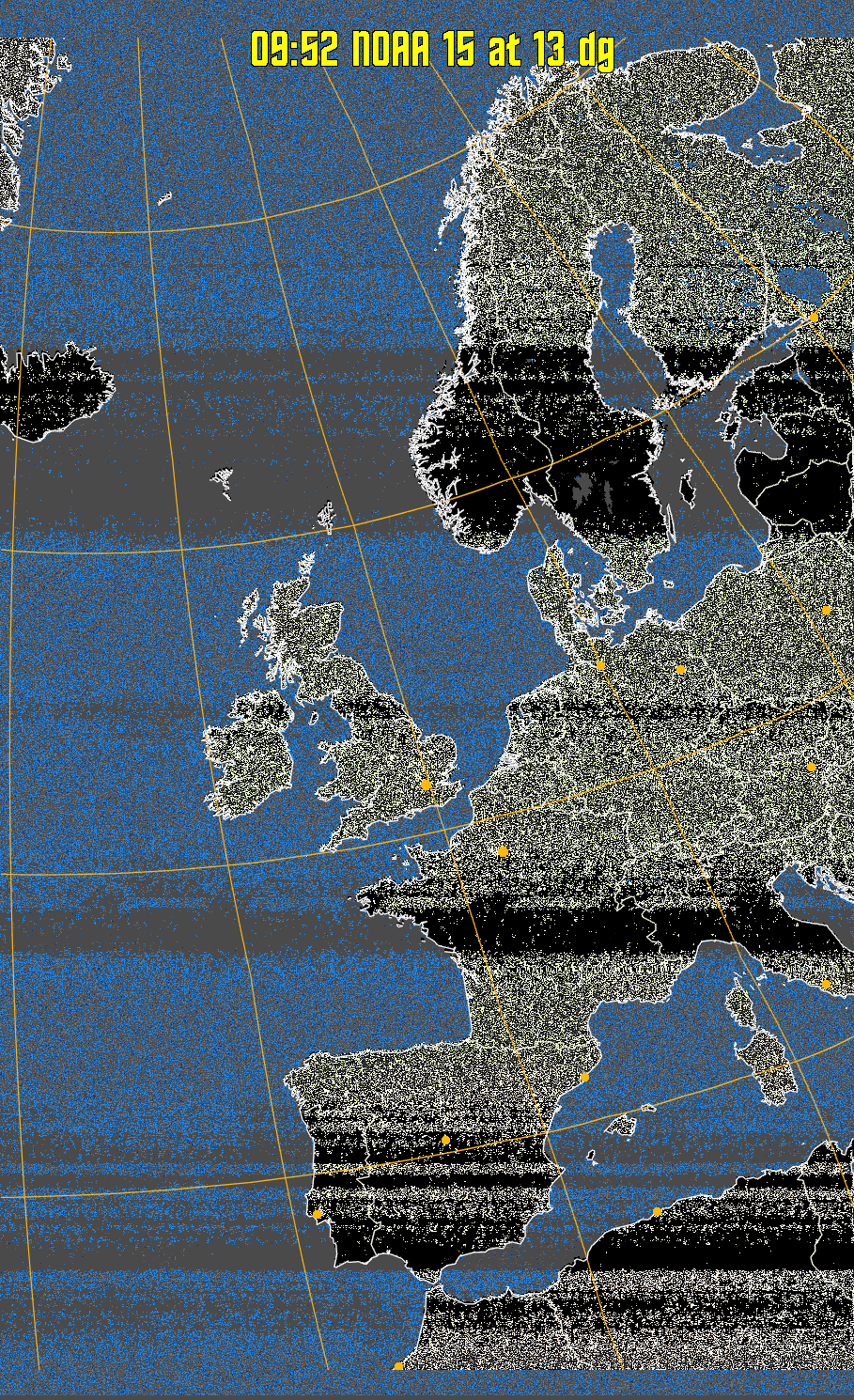 MCIR-precip: 
Colours the NOAA sensor 4 IR image using a map to colour the sea blue and land
green. High clouds appear white, lower clouds gray or land/sea coloured, clouds
generally appear lighter, but distinguishing between land/sea and low cloud may
be difficult. Darker colours indicate warmer regions.