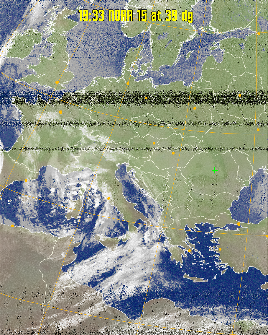 MCIR-precip: 
Colours the NOAA sensor 4 IR image using a map to colour the sea blue and land
green. High clouds appear white, lower clouds gray or land/sea coloured, clouds
generally appear lighter, but distinguishing between land/sea and low cloud may
be difficult. Darker colours indicate warmer regions.