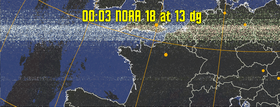 HVCT:
Similar to HVC, but with blue water and with colours more indicative of
land temperatures.
HVC:
Creates a false colour image from NOAA APT images based on temperature using
the HVC colour model. Uses the temperature derived from the sensor 4 image to
select the hue and the brightness from the histogram equalised other image to
select the value and chroma. The HVC colour model attempts to ensure that different colours at the same value will appear to the eye to be the same brightness
and the spacing between colours representing each degree will appear to the eye to
be similar. Bright areas are completely unsaturated in this model.