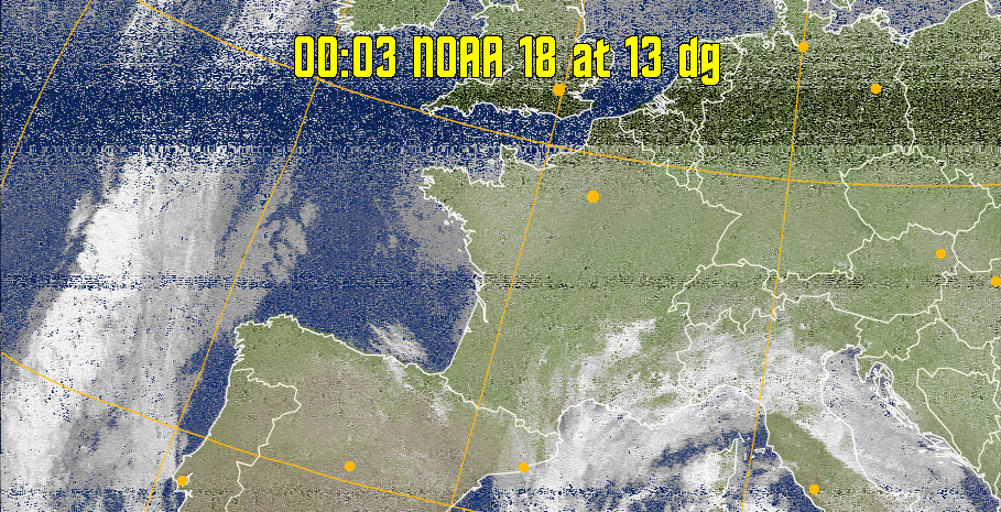 MCIR-precip: 
Colours the NOAA sensor 4 IR image using a map to colour the sea blue and land
green. High clouds appear white, lower clouds gray or land/sea coloured, clouds
generally appear lighter, but distinguishing between land/sea and low cloud may
be difficult. Darker colours indicate warmer regions.