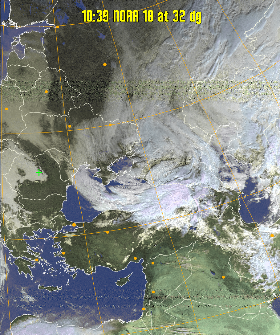 HVCT:
Similar to HVC, but with blue water and with colours more indicative of
land temperatures.
HVC:
Creates a false colour image from NOAA APT images based on temperature using
the HVC colour model. Uses the temperature derived from the sensor 4 image to
select the hue and the brightness from the histogram equalised other image to
select the value and chroma. The HVC colour model attempts to ensure that different colours at the same value will appear to the eye to be the same brightness
and the spacing between colours representing each degree will appear to the eye to
be similar. Bright areas are completely unsaturated in this model.