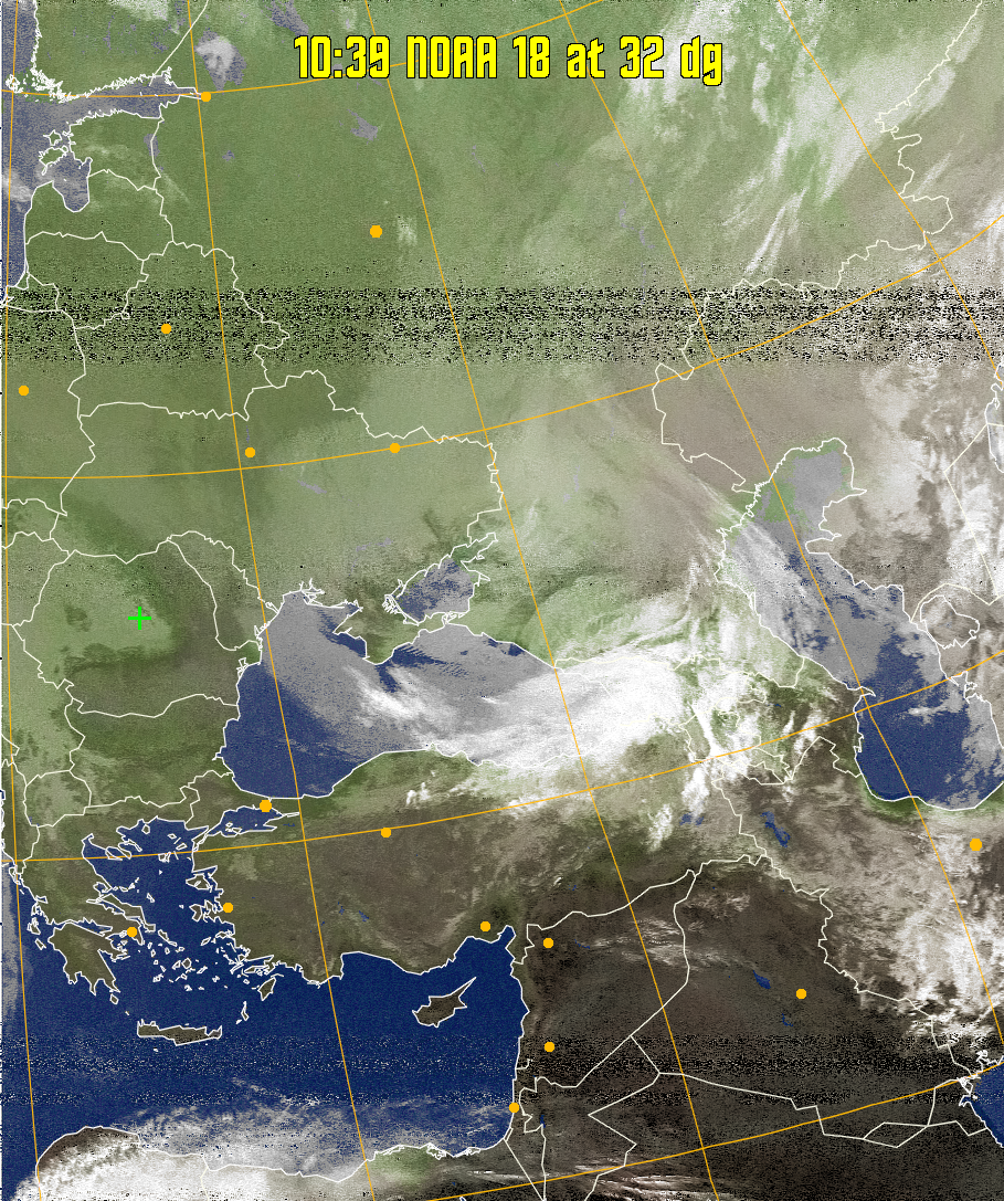 MCIR-precip: 
Colours the NOAA sensor 4 IR image using a map to colour the sea blue and land
green. High clouds appear white, lower clouds gray or land/sea coloured, clouds
generally appear lighter, but distinguishing between land/sea and low cloud may
be difficult. Darker colours indicate warmer regions.