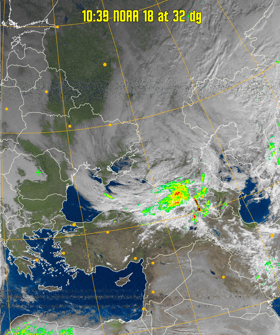 MSA-precip:
Same as MSA multispectral analysis, but high cold cloud tops are coloured the
same as the NO enhancement to give an approximate indication of the probability
and intensity of precipitation.