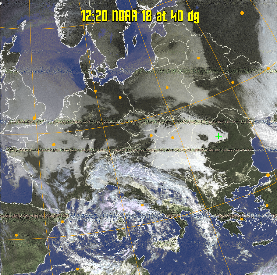 HVCT:
Similar to HVC, but with blue water and with colours more indicative of
land temperatures.
HVC:
Creates a false colour image from NOAA APT images based on temperature using
the HVC colour model. Uses the temperature derived from the sensor 4 image to
select the hue and the brightness from the histogram equalised other image to
select the value and chroma. The HVC colour model attempts to ensure that different colours at the same value will appear to the eye to be the same brightness
and the spacing between colours representing each degree will appear to the eye to
be similar. Bright areas are completely unsaturated in this model.