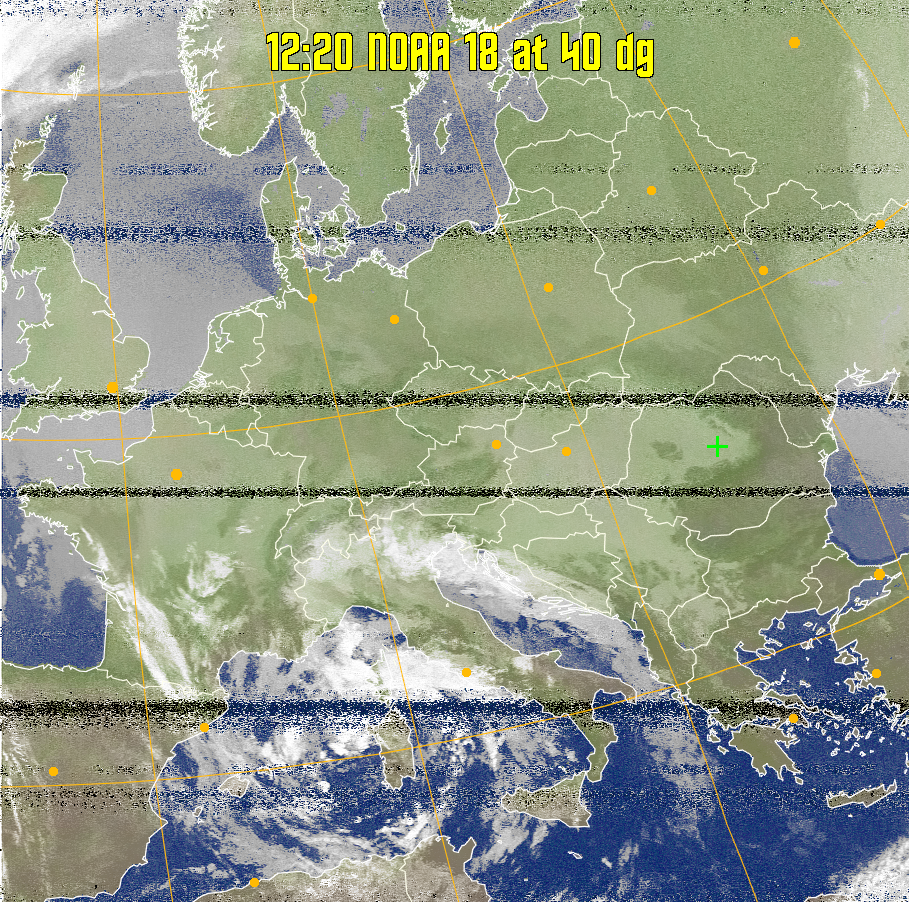 MCIR-precip: 
Colours the NOAA sensor 4 IR image using a map to colour the sea blue and land
green. High clouds appear white, lower clouds gray or land/sea coloured, clouds
generally appear lighter, but distinguishing between land/sea and low cloud may
be difficult. Darker colours indicate warmer regions.