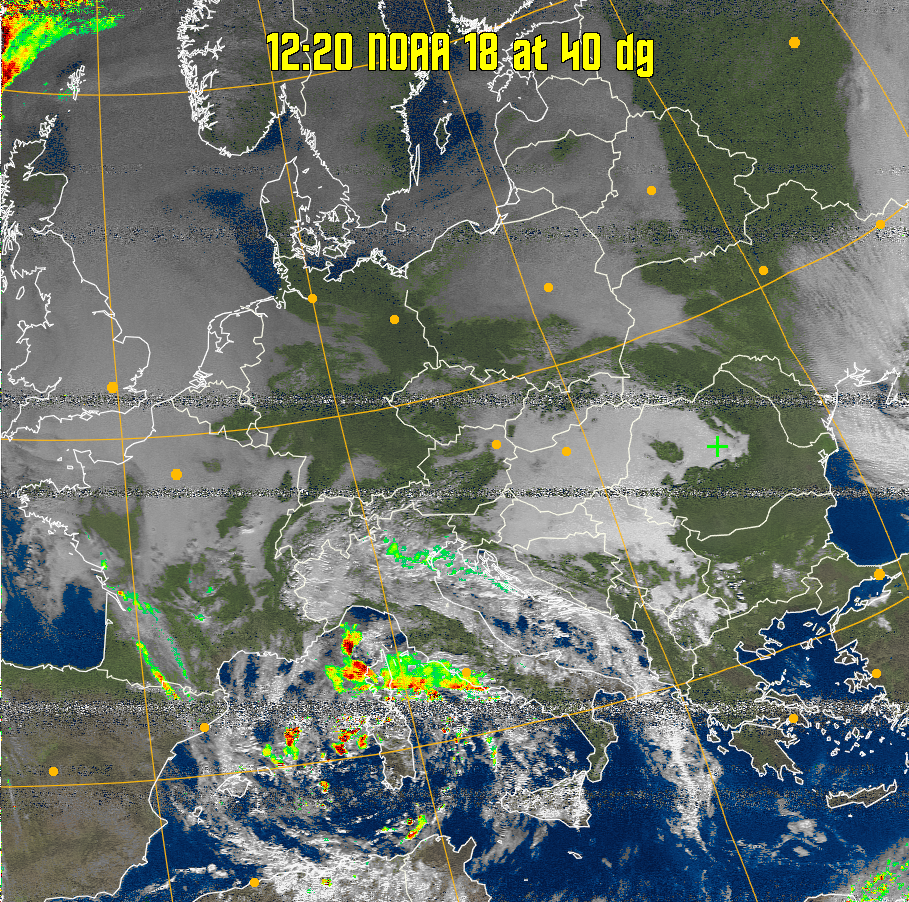 MSA-precip:
Same as MSA multispectral analysis, but high cold cloud tops are coloured the
same as the NO enhancement to give an approximate indication of the probability
and intensity of precipitation.