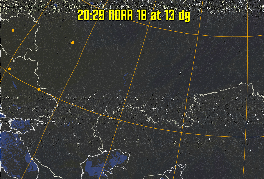 HVCT:
Similar to HVC, but with blue water and with colours more indicative of
land temperatures.
HVC:
Creates a false colour image from NOAA APT images based on temperature using
the HVC colour model. Uses the temperature derived from the sensor 4 image to
select the hue and the brightness from the histogram equalised other image to
select the value and chroma. The HVC colour model attempts to ensure that different colours at the same value will appear to the eye to be the same brightness
and the spacing between colours representing each degree will appear to the eye to
be similar. Bright areas are completely unsaturated in this model.