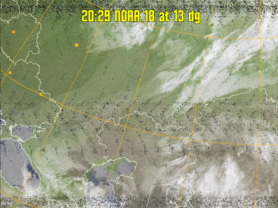 MCIR-precip: 
Colours the NOAA sensor 4 IR image using a map to colour the sea blue and land
green. High clouds appear white, lower clouds gray or land/sea coloured, clouds
generally appear lighter, but distinguishing between land/sea and low cloud may
be difficult. Darker colours indicate warmer regions.