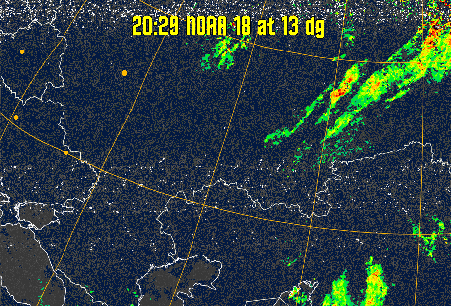 MSA-precip:
Same as MSA multispectral analysis, but high cold cloud tops are coloured the
same as the NO enhancement to give an approximate indication of the probability
and intensity of precipitation.