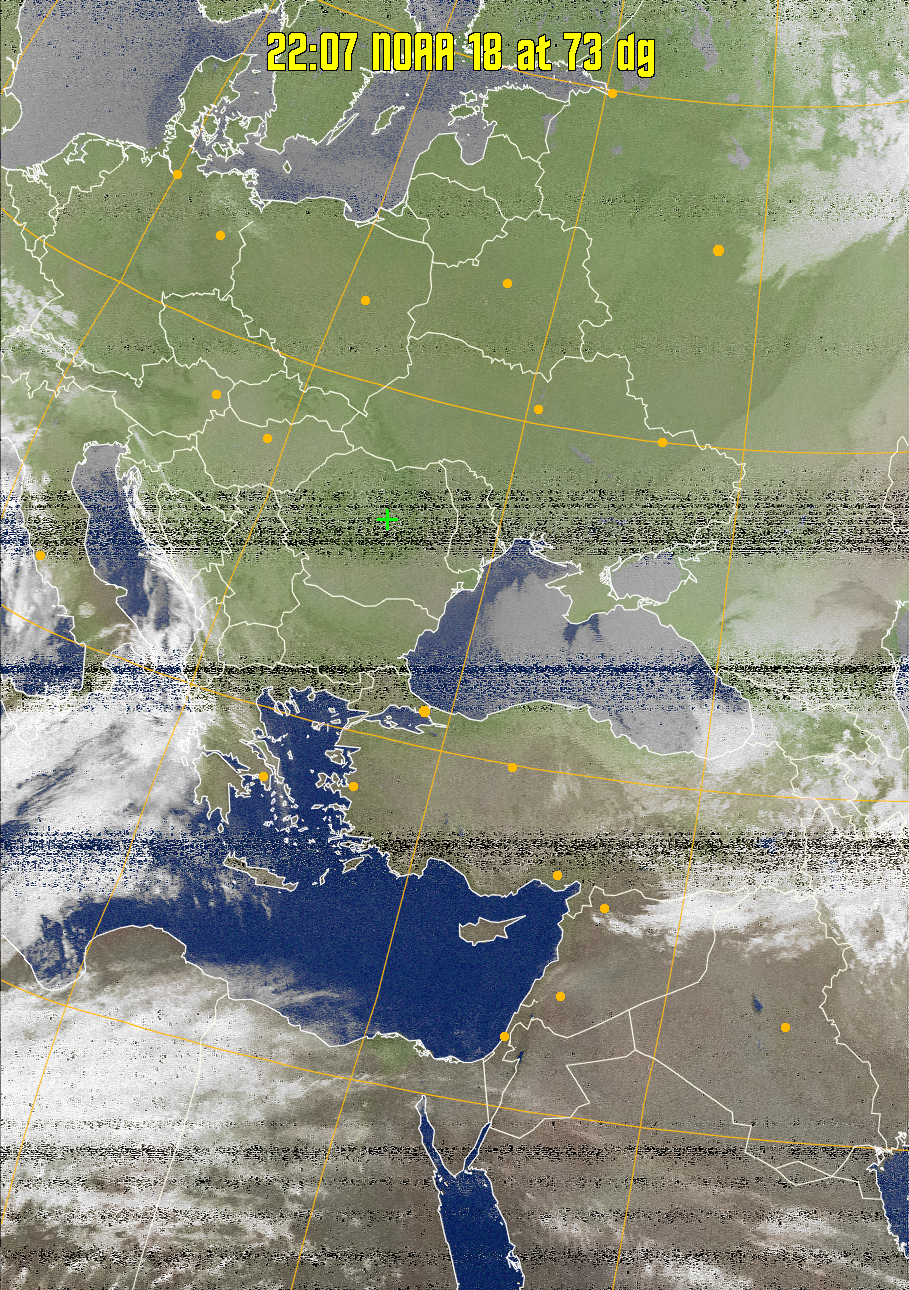 MCIR-precip: 
Colours the NOAA sensor 4 IR image using a map to colour the sea blue and land
green. High clouds appear white, lower clouds gray or land/sea coloured, clouds
generally appear lighter, but distinguishing between land/sea and low cloud may
be difficult. Darker colours indicate warmer regions.