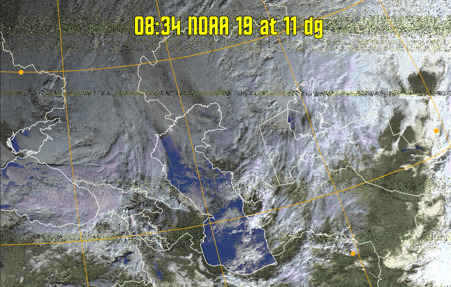 HVCT:
Similar to HVC, but with blue water and with colours more indicative of
land temperatures.
HVC:
Creates a false colour image from NOAA APT images based on temperature using
the HVC colour model. Uses the temperature derived from the sensor 4 image to
select the hue and the brightness from the histogram equalised other image to
select the value and chroma. The HVC colour model attempts to ensure that different colours at the same value will appear to the eye to be the same brightness
and the spacing between colours representing each degree will appear to the eye to
be similar. Bright areas are completely unsaturated in this model.