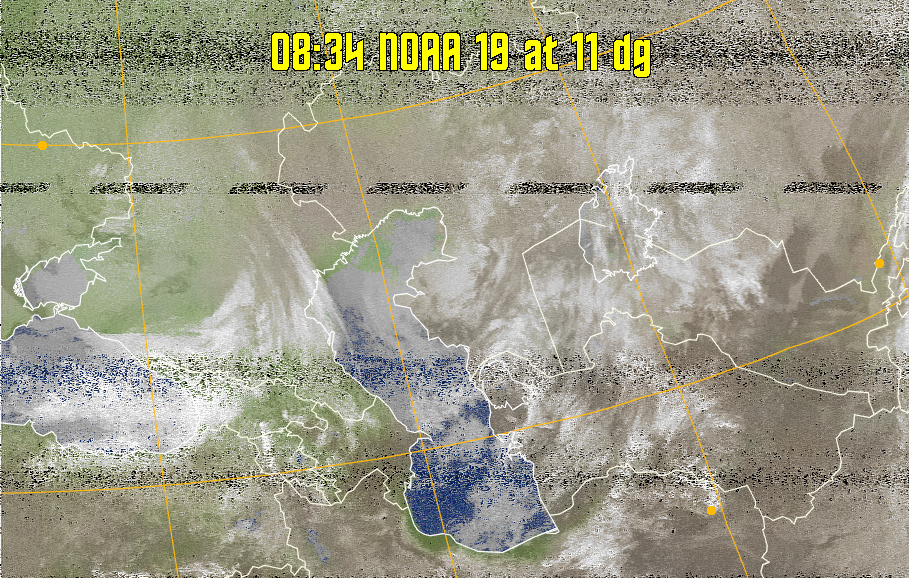 MCIR-precip: 
Colours the NOAA sensor 4 IR image using a map to colour the sea blue and land
green. High clouds appear white, lower clouds gray or land/sea coloured, clouds
generally appear lighter, but distinguishing between land/sea and low cloud may
be difficult. Darker colours indicate warmer regions.