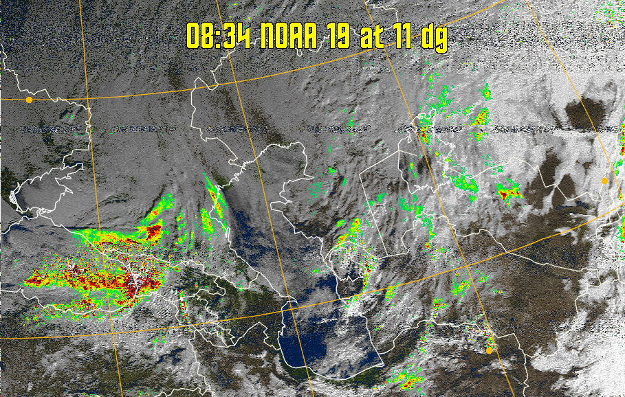 MSA-precip:
Same as MSA multispectral analysis, but high cold cloud tops are coloured the
same as the NO enhancement to give an approximate indication of the probability
and intensity of precipitation.