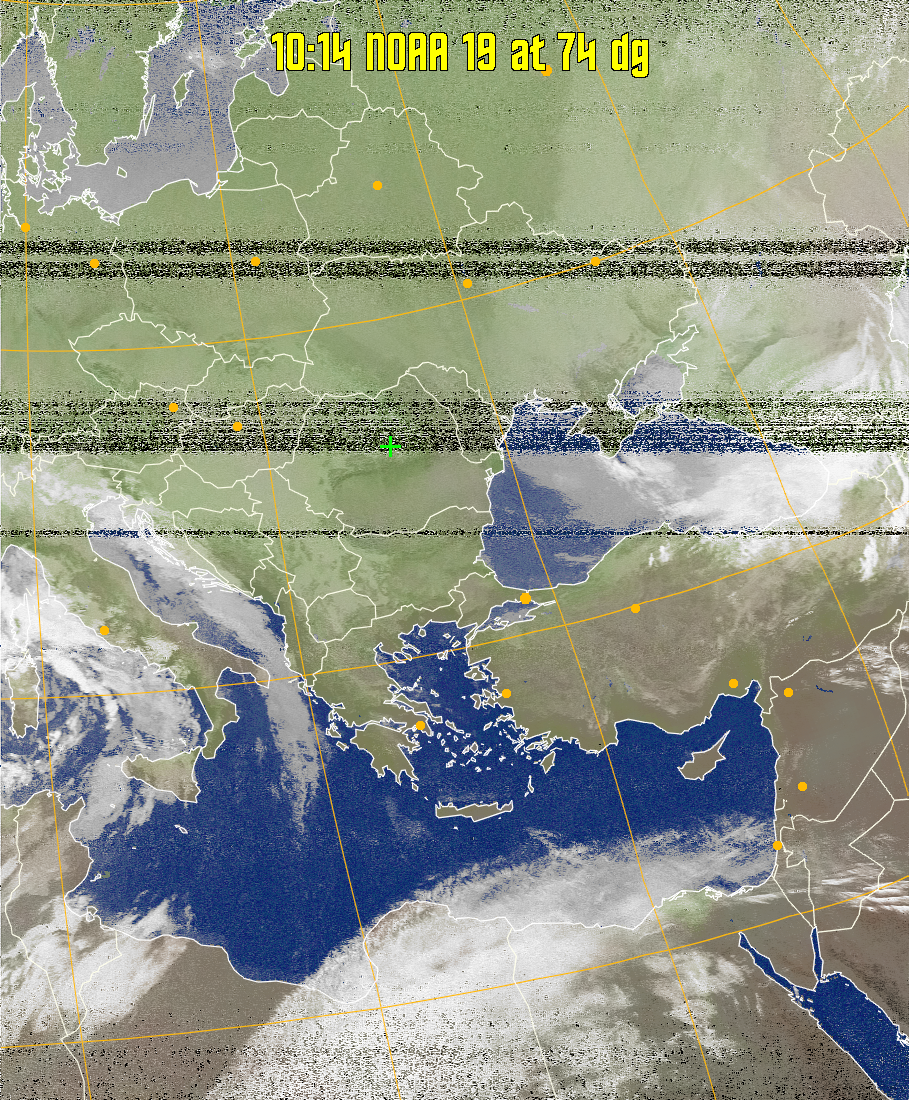 MCIR-precip: 
Colours the NOAA sensor 4 IR image using a map to colour the sea blue and land
green. High clouds appear white, lower clouds gray or land/sea coloured, clouds
generally appear lighter, but distinguishing between land/sea and low cloud may
be difficult. Darker colours indicate warmer regions.