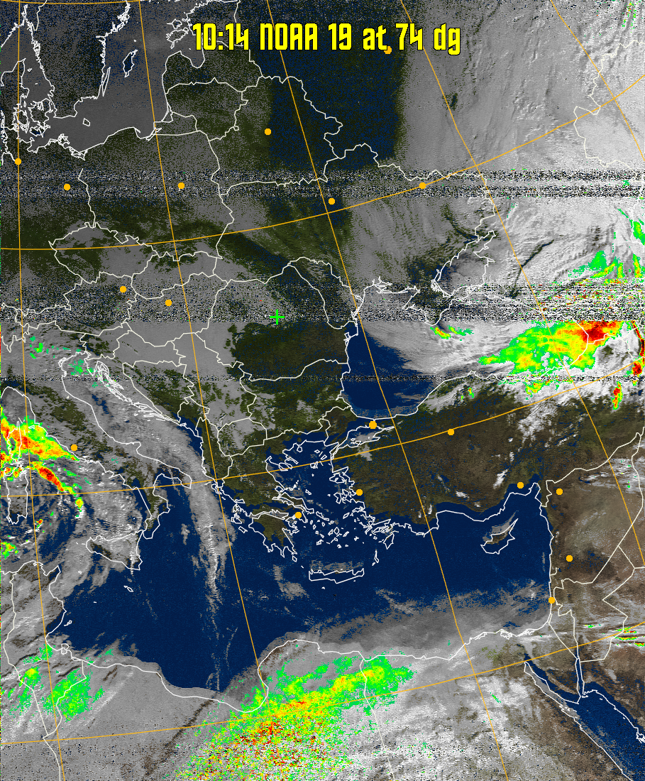 MSA-precip:
Same as MSA multispectral analysis, but high cold cloud tops are coloured the
same as the NO enhancement to give an approximate indication of the probability
and intensity of precipitation.