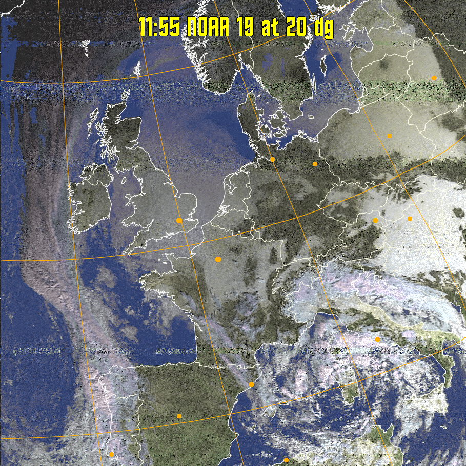 HVCT:
Similar to HVC, but with blue water and with colours more indicative of
land temperatures.
HVC:
Creates a false colour image from NOAA APT images based on temperature using
the HVC colour model. Uses the temperature derived from the sensor 4 image to
select the hue and the brightness from the histogram equalised other image to
select the value and chroma. The HVC colour model attempts to ensure that different colours at the same value will appear to the eye to be the same brightness
and the spacing between colours representing each degree will appear to the eye to
be similar. Bright areas are completely unsaturated in this model.