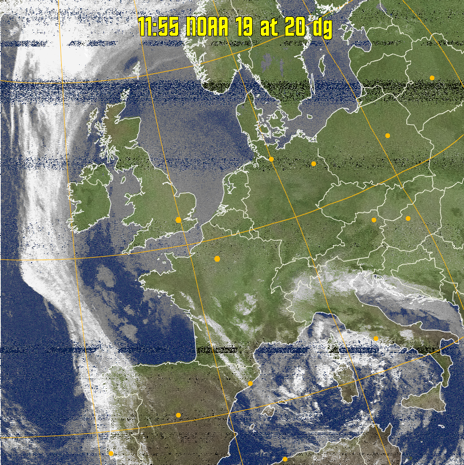 MCIR-precip: 
Colours the NOAA sensor 4 IR image using a map to colour the sea blue and land
green. High clouds appear white, lower clouds gray or land/sea coloured, clouds
generally appear lighter, but distinguishing between land/sea and low cloud may
be difficult. Darker colours indicate warmer regions.