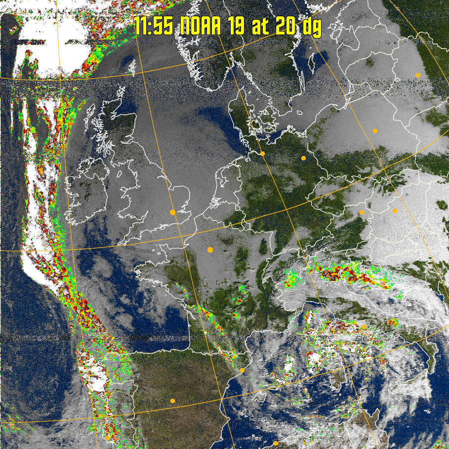 MSA-precip:
Same as MSA multispectral analysis, but high cold cloud tops are coloured the
same as the NO enhancement to give an approximate indication of the probability
and intensity of precipitation.