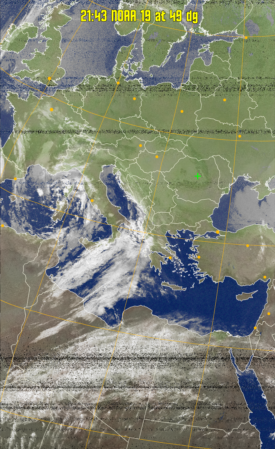 MCIR-precip: 
Colours the NOAA sensor 4 IR image using a map to colour the sea blue and land
green. High clouds appear white, lower clouds gray or land/sea coloured, clouds
generally appear lighter, but distinguishing between land/sea and low cloud may
be difficult. Darker colours indicate warmer regions.