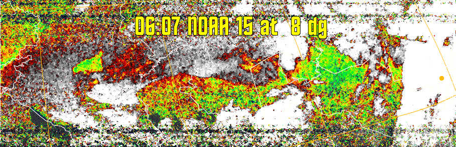 MSA-precip:
Same as MSA multispectral analysis, but high cold cloud tops are coloured the
same as the NO enhancement to give an approximate indication of the probability
and intensity of precipitation.