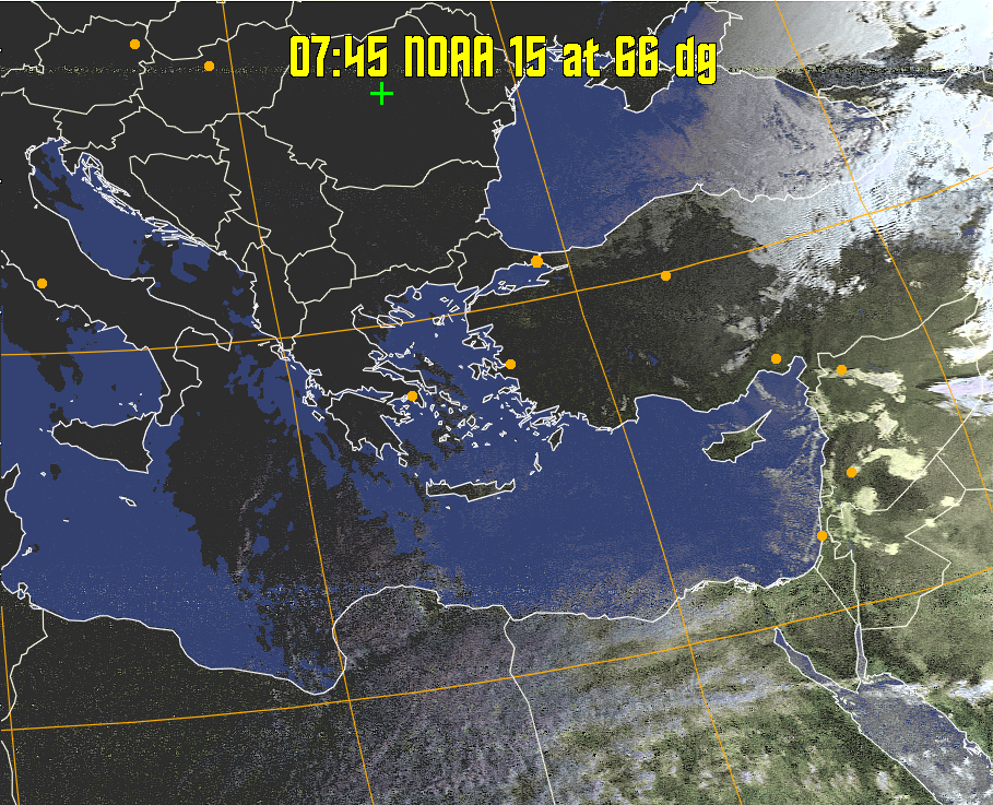 HVCT:
Similar to HVC, but with blue water and with colours more indicative of
land temperatures.
HVC:
Creates a false colour image from NOAA APT images based on temperature using
the HVC colour model. Uses the temperature derived from the sensor 4 image to
select the hue and the brightness from the histogram equalised other image to
select the value and chroma. The HVC colour model attempts to ensure that different colours at the same value will appear to the eye to be the same brightness
and the spacing between colours representing each degree will appear to the eye to
be similar. Bright areas are completely unsaturated in this model.