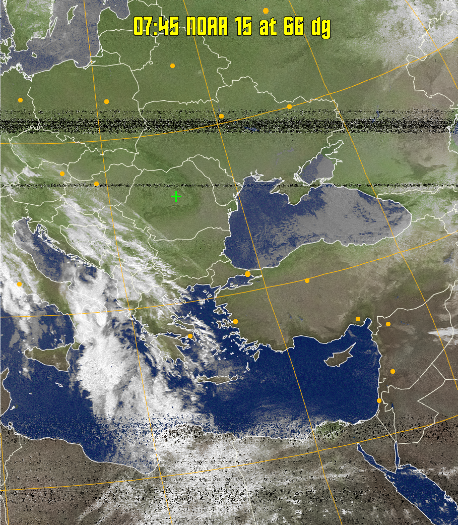 MCIR-precip: 
Colours the NOAA sensor 4 IR image using a map to colour the sea blue and land
green. High clouds appear white, lower clouds gray or land/sea coloured, clouds
generally appear lighter, but distinguishing between land/sea and low cloud may
be difficult. Darker colours indicate warmer regions.