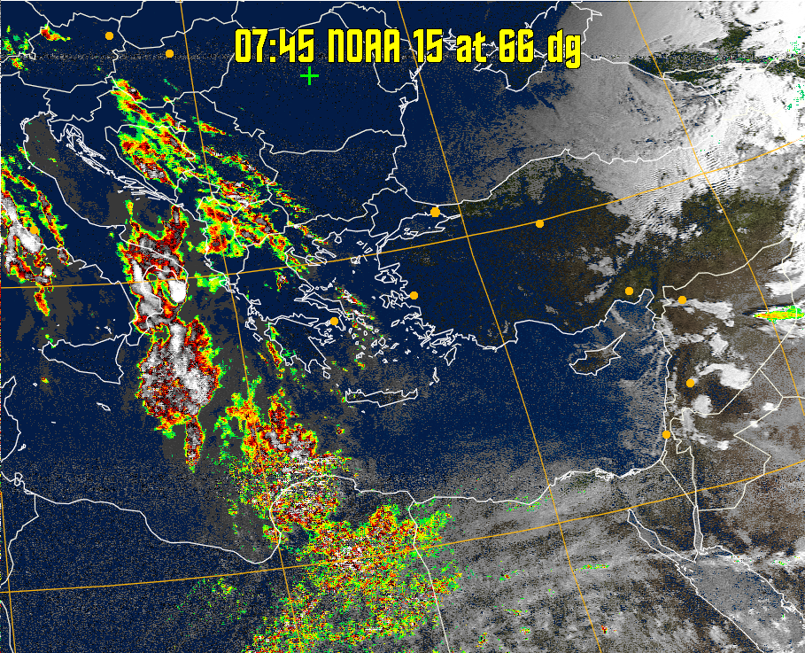 MSA-precip:
Same as MSA multispectral analysis, but high cold cloud tops are coloured the
same as the NO enhancement to give an approximate indication of the probability
and intensity of precipitation.