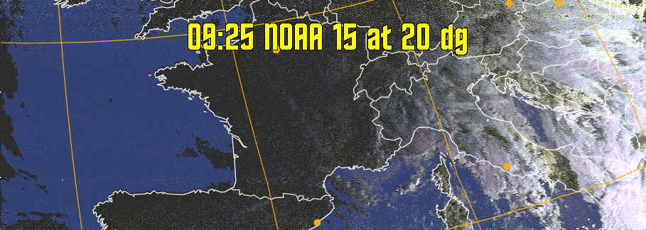 HVCT:
Similar to HVC, but with blue water and with colours more indicative of
land temperatures.
HVC:
Creates a false colour image from NOAA APT images based on temperature using
the HVC colour model. Uses the temperature derived from the sensor 4 image to
select the hue and the brightness from the histogram equalised other image to
select the value and chroma. The HVC colour model attempts to ensure that different colours at the same value will appear to the eye to be the same brightness
and the spacing between colours representing each degree will appear to the eye to
be similar. Bright areas are completely unsaturated in this model.