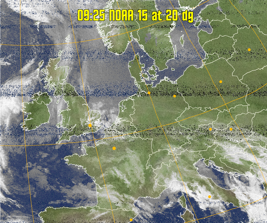 MCIR-precip: 
Colours the NOAA sensor 4 IR image using a map to colour the sea blue and land
green. High clouds appear white, lower clouds gray or land/sea coloured, clouds
generally appear lighter, but distinguishing between land/sea and low cloud may
be difficult. Darker colours indicate warmer regions.