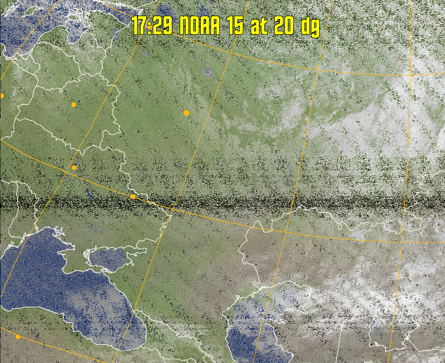 MCIR-precip: 
Colours the NOAA sensor 4 IR image using a map to colour the sea blue and land
green. High clouds appear white, lower clouds gray or land/sea coloured, clouds
generally appear lighter, but distinguishing between land/sea and low cloud may
be difficult. Darker colours indicate warmer regions.