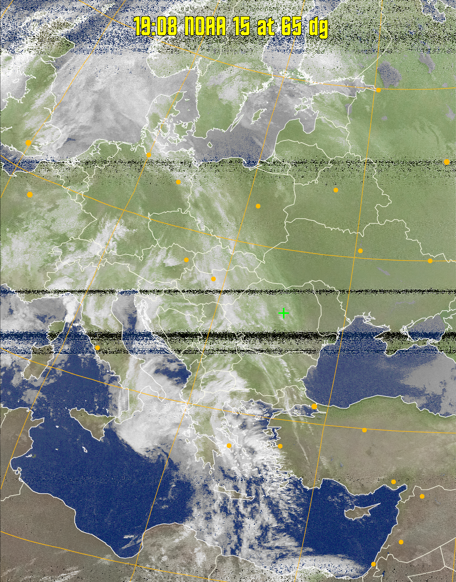 MCIR-precip: 
Colours the NOAA sensor 4 IR image using a map to colour the sea blue and land
green. High clouds appear white, lower clouds gray or land/sea coloured, clouds
generally appear lighter, but distinguishing between land/sea and low cloud may
be difficult. Darker colours indicate warmer regions.