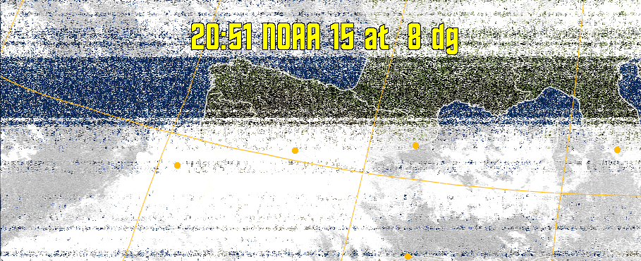 MCIR-precip: 
Colours the NOAA sensor 4 IR image using a map to colour the sea blue and land
green. High clouds appear white, lower clouds gray or land/sea coloured, clouds
generally appear lighter, but distinguishing between land/sea and low cloud may
be difficult. Darker colours indicate warmer regions.